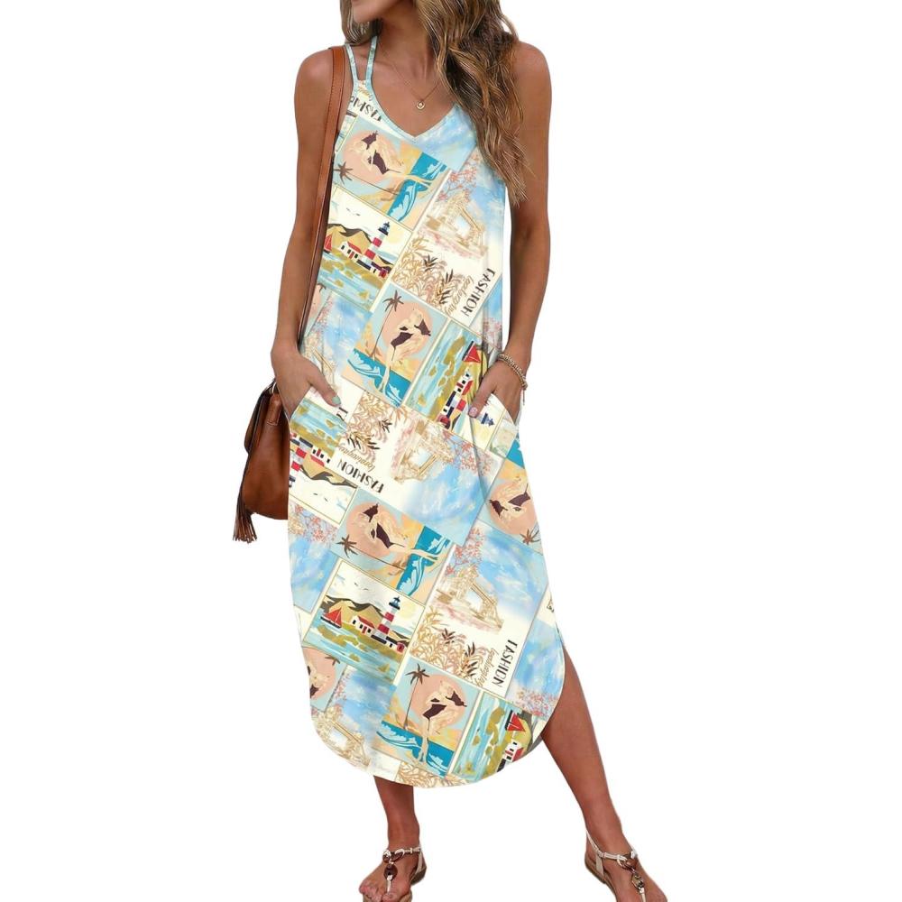 imageEkouaer Womens Swimsuit Beach Cover Up Dress Spaghetti Strap V Neck Swimwear A Line 2026 Bathing Suit Coverups with PocketsMulticolor Pictorial
