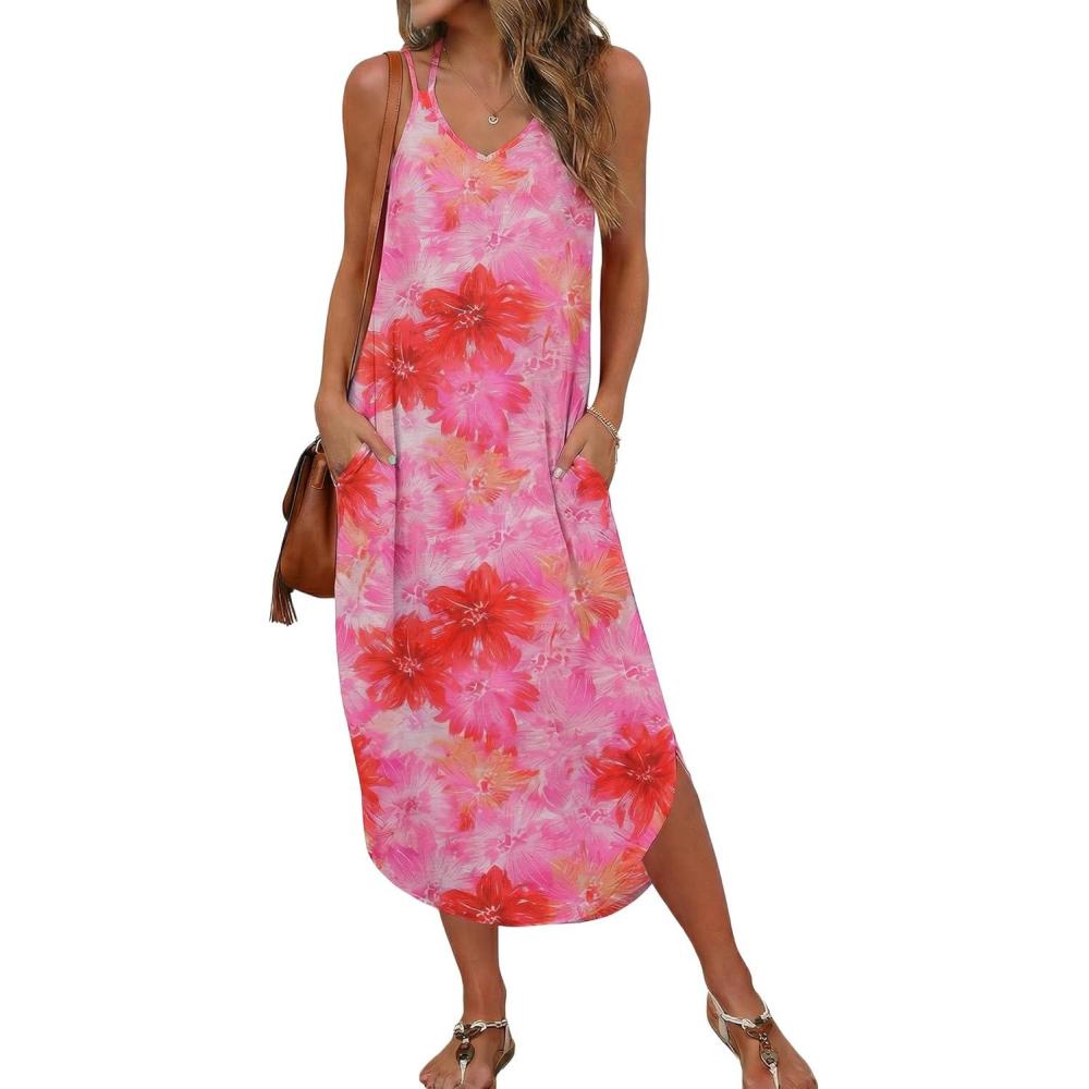 imageEkouaer Womens Swimsuit Beach Cover Up Dress Spaghetti Strap V Neck Swimwear A Line 2026 Bathing Suit Coverups with PocketsPink Floral