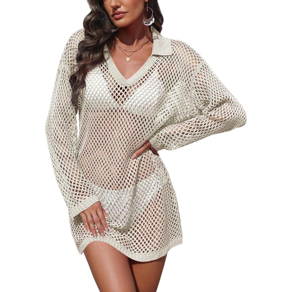 imageEkouaer Womens Swimsuit Cover Ups Crochet Swim Coverup Knit Bathing Suit Knit Beach Vacation Outfits SwimwearBeige