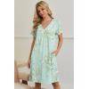 Ekouaer Nightgowns for Women V Neck Sleepshirt Short Sleeve Nightdress Lace Trim Night Gown House Dress with Pockets(Green Daisy)