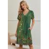 Ekouaer Nightgowns for Women V Neck Sleepshirt Short Sleeve Nightdress Lace Trim Night Gown House Dress with Pockets(Green Flowers)