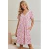 Ekouaer Nightgowns for Women V Neck Sleepshirt Short Sleeve Nightdress Lace Trim Night Gown House Dress with Pockets(Pink Floral)