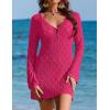 Ekouaer Swimsuit Coverup for Women Crochet Beach Cover Up Hollow Out Long Sleeve Cover Ups 2026 Summer Vacation Outfits(Rose Red)