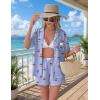 Ekouaer Two Piece Sets for Women Summer Y2K Shirt and Shorts Beach Vacation Cruise Outfits Travel Sweatsuits Lounge Set(Blue Plaid Cherry)