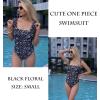 Ekouaer Women’s One Piece Swimsuits Square Neck Tummy Control Bathing Suit with Adjustable Ruffled Straps Swimwear(Black Floral)