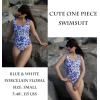 Ekouaer Women’s One Piece Swimsuits Square Neck Tummy Control Bathing Suit with Adjustable Ruffled Straps Swimwear(Blue & White Porcelain Floral)