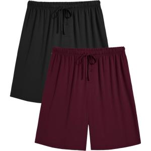 Ekouaer Mens Pajama Shorts Bamboo Rayon Pj Bottoms Soft Sleep Shorts Soft Drawstring Loungewear With Pockets 2 Pack S-3XL(Black and Red(2 Pcs))