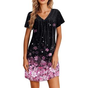 Ekouaer Nightgowns for Women V Neck Sleepshirt Short Sleeve Nightdress Lace Trim Night Gown House Dress with Pockets(Black Sakura)