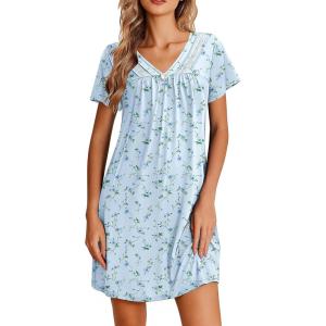 Ekouaer Nightgowns for Women V Neck Sleepshirt Short Sleeve Nightdress Lace Trim Night Gown House Dress with Pockets(Blue Floral)