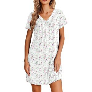 Ekouaer Nightgowns for Women V Neck Sleepshirt Short Sleeve Nightdress Lace Trim Night Gown House Dress with Pockets(Colorful Flowers)