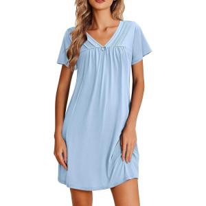 Ekouaer Nightgowns for Women V Neck Sleepshirt Short Sleeve Nightdress Lace Trim Night Gown House Dress with Pockets(Light Blue)