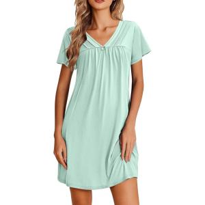 Ekouaer Nightgowns for Women V Neck Sleepshirt Short Sleeve Nightdress Lace Trim Night Gown House Dress with Pockets(Light Green)