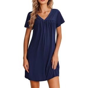 Ekouaer Nightgowns for Women V Neck Sleepshirt Short Sleeve Nightdress Lace Trim Night Gown House Dress with Pockets(Navy Blue)