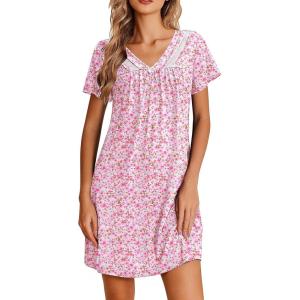 Ekouaer Nightgowns for Women V Neck Sleepshirt Short Sleeve Nightdress Lace Trim Night Gown House Dress with Pockets(Pink Floral)