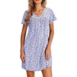 Ekouaer Nightgowns for Women V Neck Sleepshirt Short Sleeve Nightdress Lace Trim Night Gown House Dress with Pockets(Purple Dots)