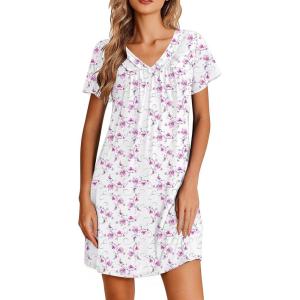 Ekouaer Nightgowns for Women V Neck Sleepshirt Short Sleeve Nightdress Lace Trim Night Gown House Dress with Pockets(Purple Floral)