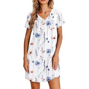 Ekouaer Nightgowns for Women V Neck Sleepshirt Short Sleeve Nightdress Lace Trim Night Gown House Dress with Pockets(White Flowers)