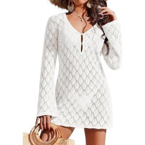 Ekouaer Swimsuit Coverup for Women Crochet Beach Cover Up Hollow Out Long Sleeve Cover Ups 2026 Summer Vacation Outfits(1-white)