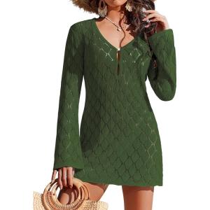Ekouaer Swimsuit Coverup for Women Crochet Beach Cover Up Hollow Out Long Sleeve Cover Ups 2026 Summer Vacation Outfits(Army Green)