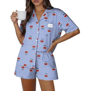 Ekouaer Two Piece Sets for Women Summer Y2K Shirt and Shorts Beach Vacation Cruise Outfits Travel Sweatsuits Lounge Set(Blue Plaid Cherry)