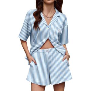 Ekouaer Two Piece Sets for Women Summer Y2K Shirt and Shorts Beach Vacation Cruise Outfits Travel Sweatsuits Lounge Set(Blue White Stripe)