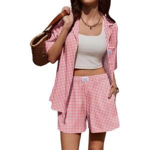 Ekouaer Two Piece Sets for Women Summer Y2K Shirt and Shorts Beach Vacation Cruise Outfits Travel Sweatsuits Lounge Set(Red White Plaid)