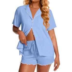 Ekouaer Viscose from Bamboo Women Pajama Sets Button Up Cooling Pjs Short Sleeve Ruffle Sleepwear 2 Piece Lounge Shorts Set(Blue)