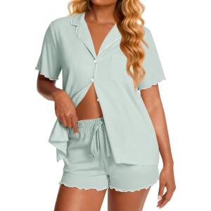 Ekouaer Viscose from Bamboo Women Pajama Sets Button Up Cooling Pjs Short Sleeve Ruffle Sleepwear 2 Piece Lounge Shorts Set(Sage Green)