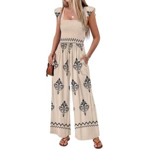 Ekouaer Womens Casual Jumpsuits Summer Boho Outfits Printed Smocked Wide Leg Vacation Jumper With Pockets S-XXL(Apricot Print)