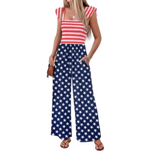 Ekouaer Womens Casual Jumpsuits Summer Boho Outfits Printed Smocked Wide Leg Vacation Jumper With Pockets S-XXL(Star Flag)