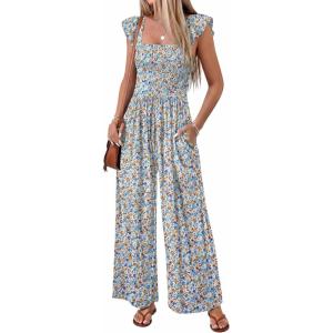 Ekouaer Womens Casual Jumpsuits Summer Boho Outfits Printed Smocked Wide Leg Vacation Jumper With Pockets S-XXL(White Floral)