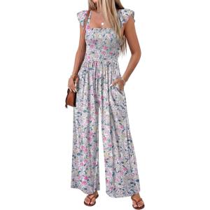 Ekouaer Womens Casual Jumpsuits Summer Boho Outfits Printed Smocked Wide Leg Vacation Jumper With Pockets S-XXL(White Red Floral)