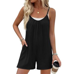 Ekouaer Womens Summer Casual Rompers 2026 Loose Sleeveless Overalls Adjustable Shorts Jumpsuits with Pockets Outfits(Black)
