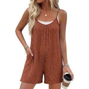 Ekouaer Womens Summer Casual Rompers 2026 Loose Sleeveless Overalls Adjustable Shorts Jumpsuits with Pockets Outfits(Caramel Brown)