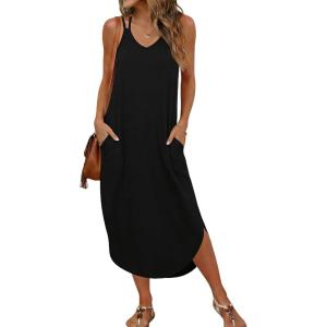 Ekouaer Women’s Swimsuit Beach Cover Up Dress Spaghetti Strap V Neck Swimwear A Line 2026 Bathing Suit Coverups with Pockets(Black)