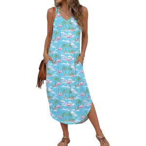 Ekouaer Women’s Swimsuit Beach Cover Up Dress Spaghetti Strap V Neck Swimwear A Line 2026 Bathing Suit Coverups with Pockets(Blue Flamingo)
