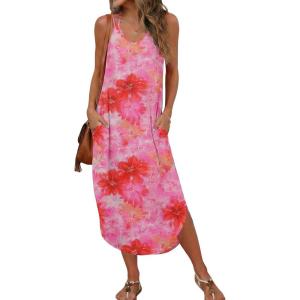 Ekouaer Women’s Swimsuit Beach Cover Up Dress Spaghetti Strap V Neck Swimwear A Line 2026 Bathing Suit Coverups with Pockets(Pink Floral)