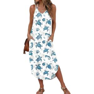 Ekouaer Women’s Swimsuit Beach Cover Up Dress Spaghetti Strap V Neck Swimwear A Line 2026 Bathing Suit Coverups with Pockets(White Sea Turtles)