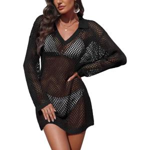 Ekouaer Womens Swimsuit Cover Ups Crochet Swim Coverup Knit Bathing Suit Knit Beach Vacation Outfits Swimwear(A Black)