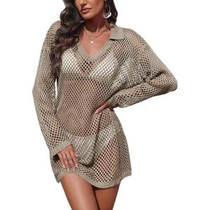 Ekouaer Womens Swimsuit Cover Ups Crochet Swim Coverup Knit Bathing Suit Knit Beach Vacation Outfits Swimwear(Khaki)