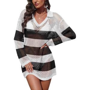 Ekouaer Womens Swimsuit Cover Ups Crochet Swim Coverup Knit Bathing Suit Knit Beach Vacation Outfits Swimwear(Stripe Black and White)
