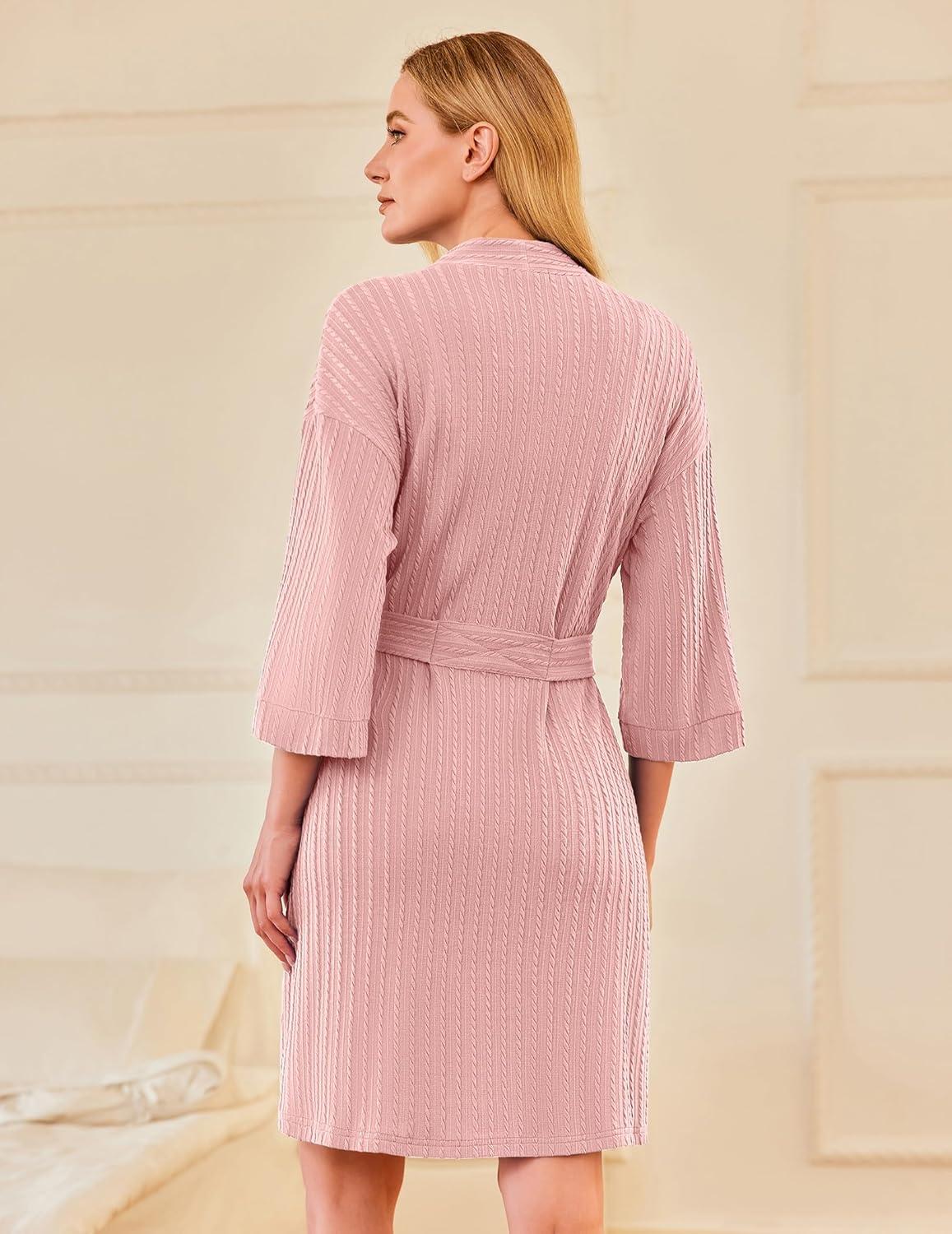 imageEkouaer Waffle Robes for Women Bathrobe Lightweight Knee Length 34 Sleeve Knit Bath Robes Female Loungewear with PocketsMisty Rose