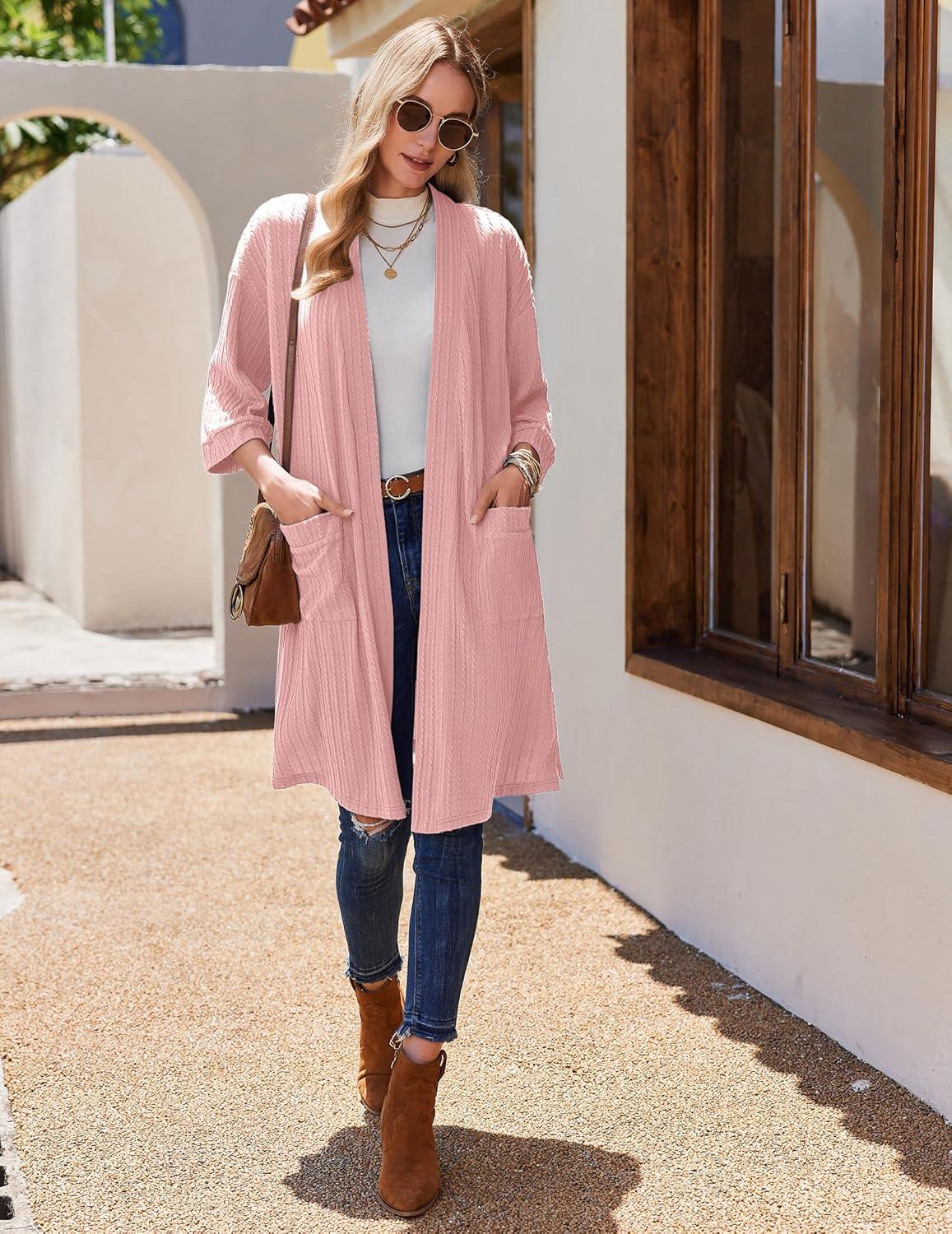 imageEkouaer Waffle Robes for Women Bathrobe Lightweight Knee Length 34 Sleeve Knit Bath Robes Female Loungewear with PocketsMisty Rose