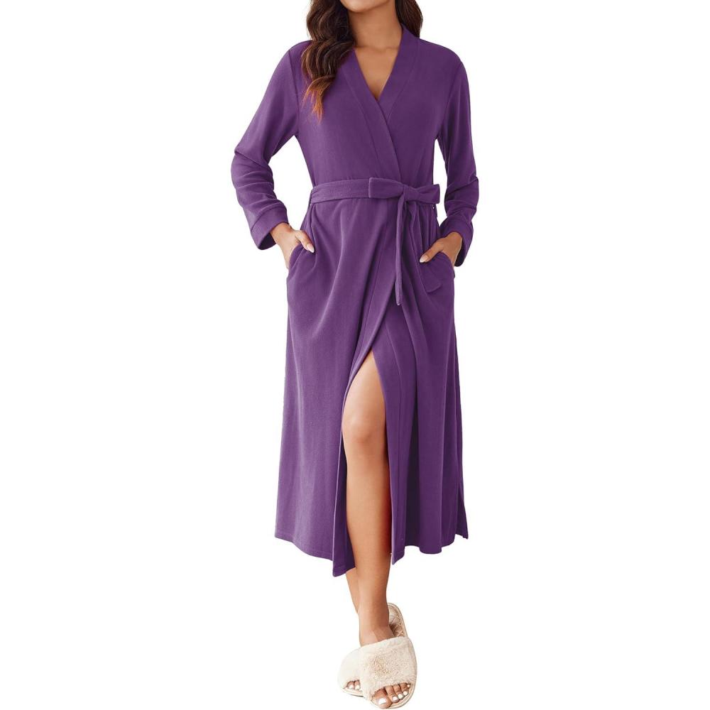 imageEkouaer Fleece Robes for Women Plush Knit Bathrobes Lightweight Spa Housecoats with Pocket Soft Ladies Loungewear SXXLPurple