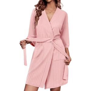 Ekouaer Waffle Robes for Women Bathrobe Lightweight Knee Length 3/4 Sleeve Knit Bath Robes Female Loungewear with Pockets(Misty Rose)