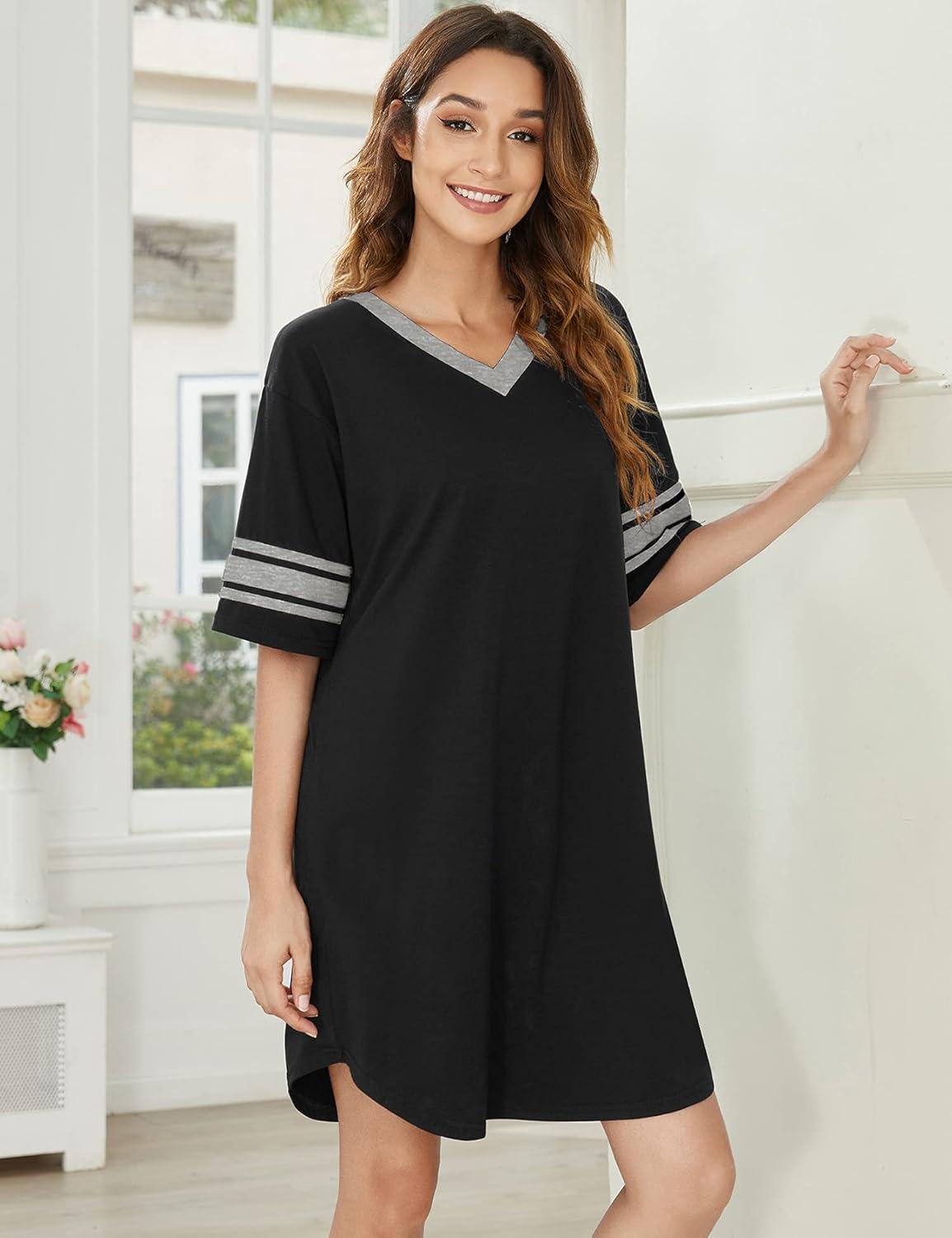 imageEkouaer Nightgowns for Women Cotton Night Gown Short Sleeve Sleepwear V Neck Color Block Sleep Shirts Ladies Night ShirtsAablack