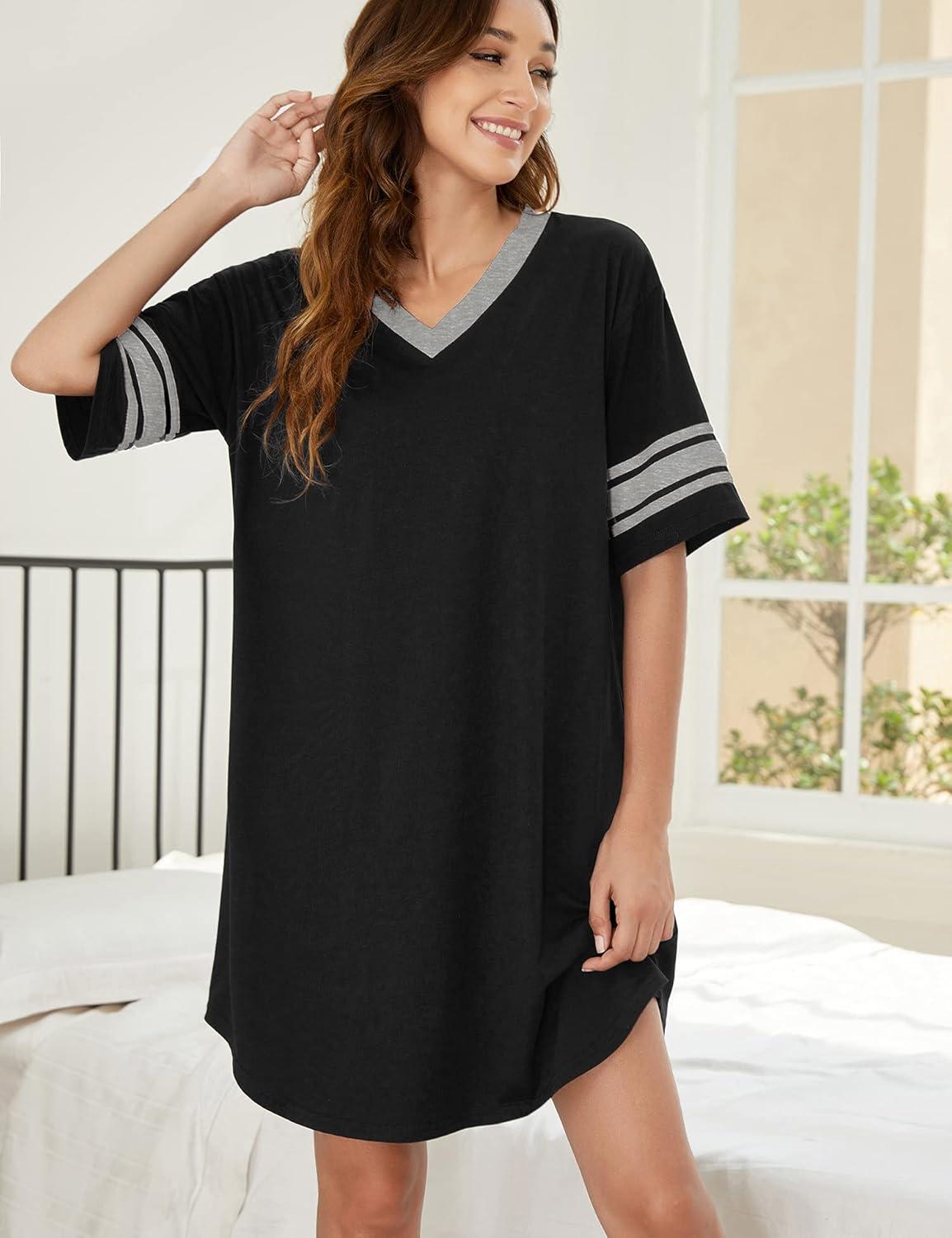 imageEkouaer Nightgowns for Women Cotton Night Gown Short Sleeve Sleepwear V Neck Color Block Sleep Shirts Ladies Night ShirtsAablack