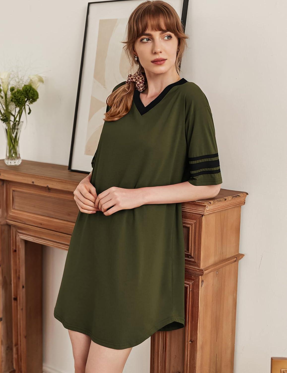 imageEkouaer Nightgowns for Women Cotton Night Gown Short Sleeve Sleepwear V Neck Color Block Sleep Shirts Ladies Night ShirtsAarmy Green