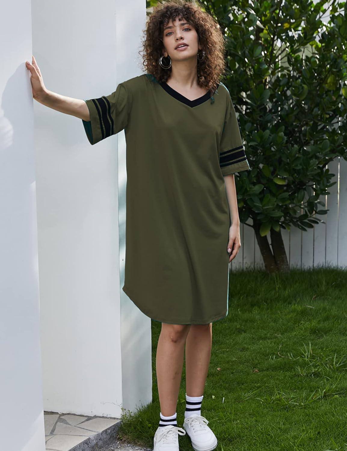 imageEkouaer Nightgowns for Women Cotton Night Gown Short Sleeve Sleepwear V Neck Color Block Sleep Shirts Ladies Night ShirtsAarmy Green