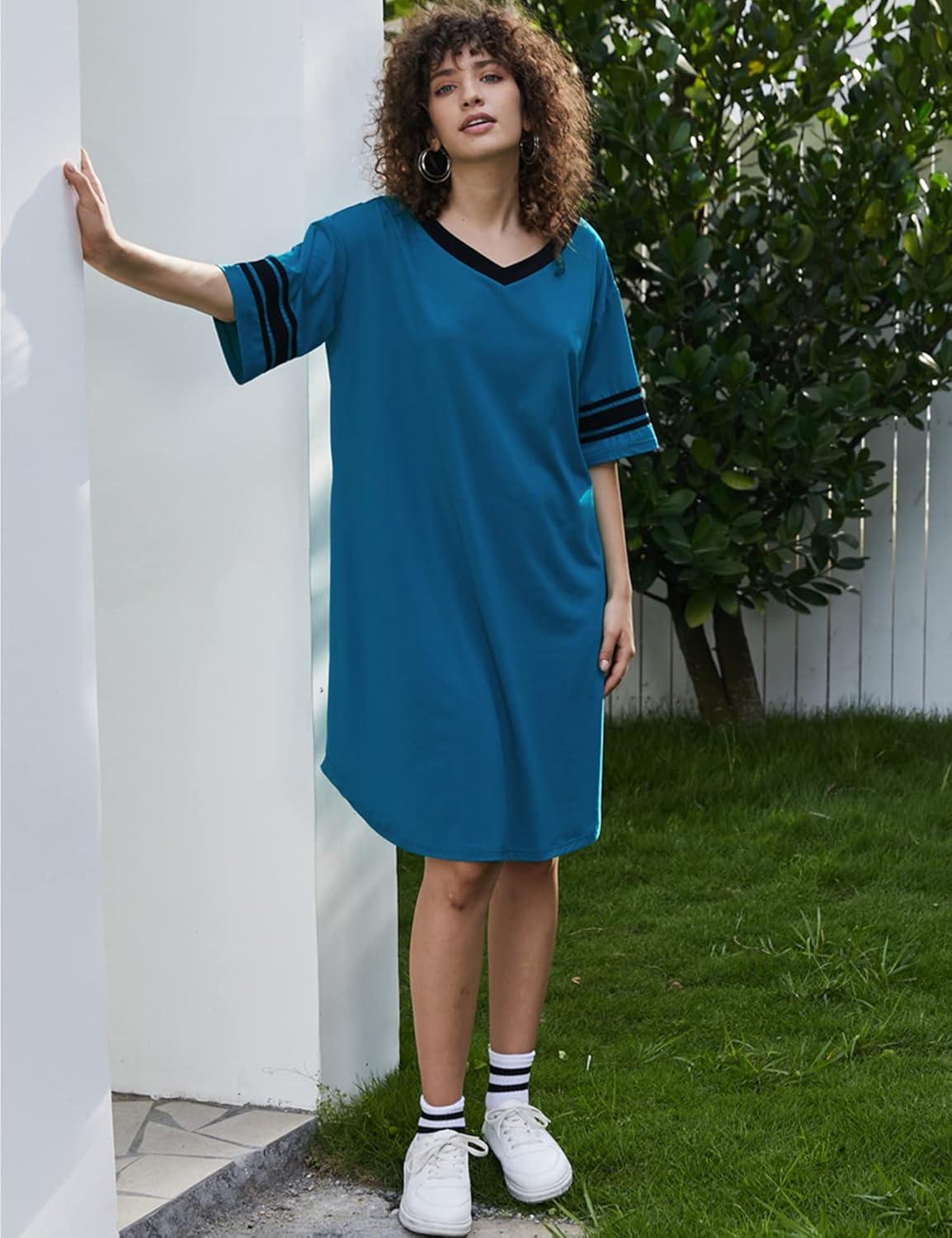 imageEkouaer Nightgowns for Women Cotton Night Gown Short Sleeve Sleepwear V Neck Color Block Sleep Shirts Ladies Night ShirtsAblue
